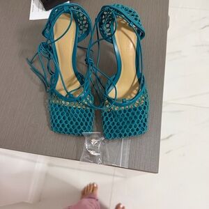 Bottega Veneta Teal Mesh Lace-Up Square-Toe Heels